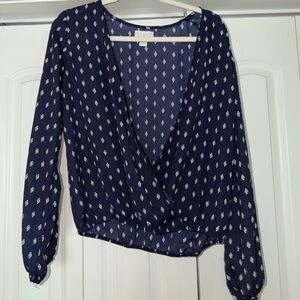 Vix Navy Printed Wrap-Front Long Sleeve Blouse